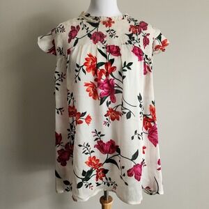OLD NAVY Shirt Womens XXL Ruffle Smocking White Pink Flowers Beachy BOHO Top